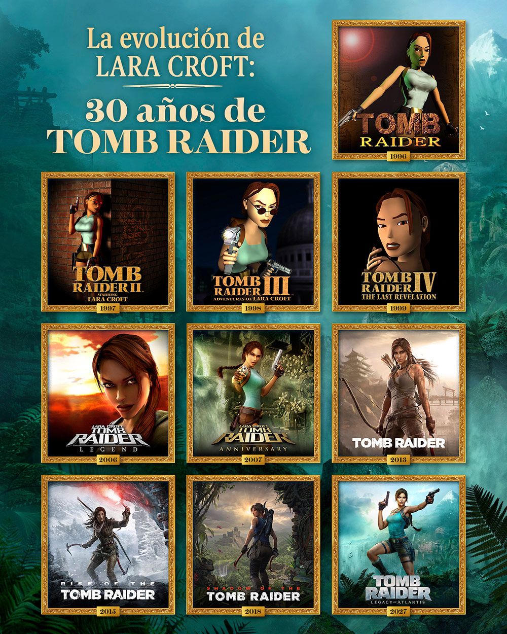 Cronología visual de las portadas de la saga Tomb Raider con la evolución del diseño de Lara Croft.