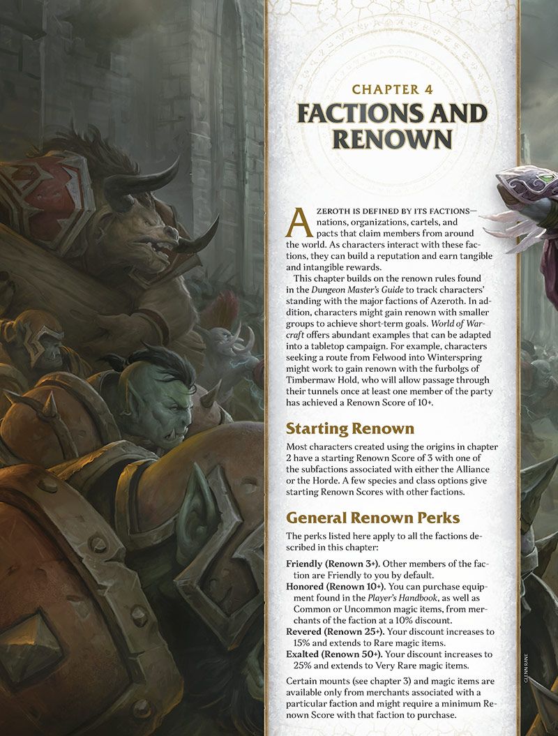 Página del manual de World of Warcraft para D&D sobre facciones y renombre.