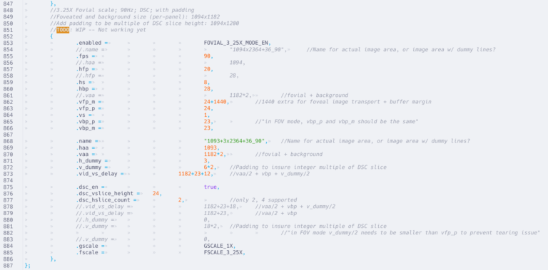 Líneas de código de programación en un editor de texto que muestran parámetros de configuración para foveated scaling.