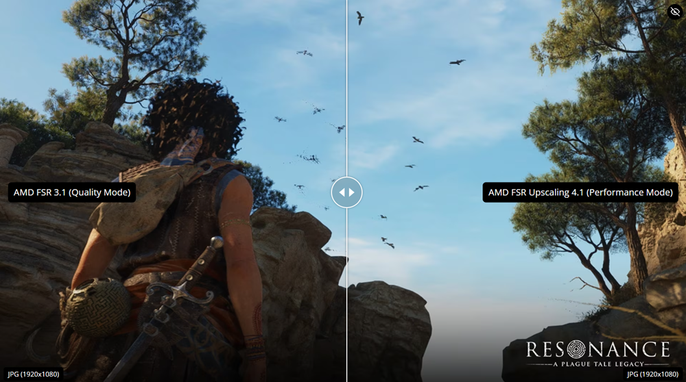 Comparativa en pantalla dividida de un videojuego mostrando las tecnologías AMD FSR 3.1 en modo calidad y AMD FSR 4.1 en modo rendimiento.