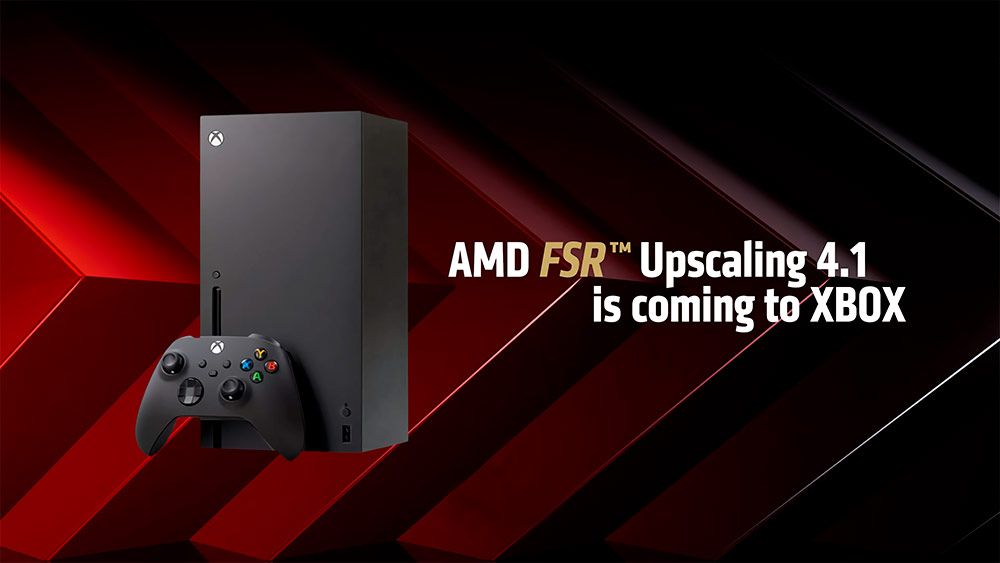 Consola Xbox Series X con mando junto al texto informativo sobre la llegada de AMD FSR 4.1.