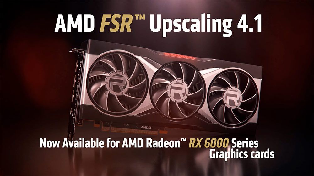 Anuncio de AMD FSR 4.1 Upscaling disponible para tarjetas gráficas de la serie Radeon RX 6000 sobre una imagen de una GPU de referencia.