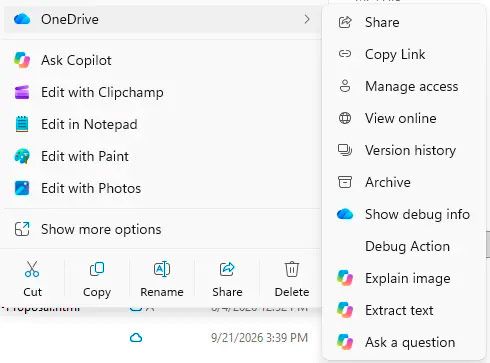 Menú contextual de Windows con opciones de Copilot como Ask Copilot, Explain image y Extract text.