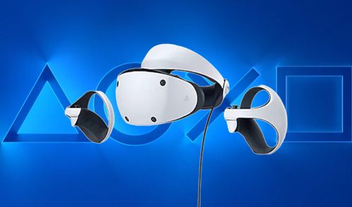 Visor y mandos de realidad virtual de Sony sobre fondo azul con iconos geométricos.