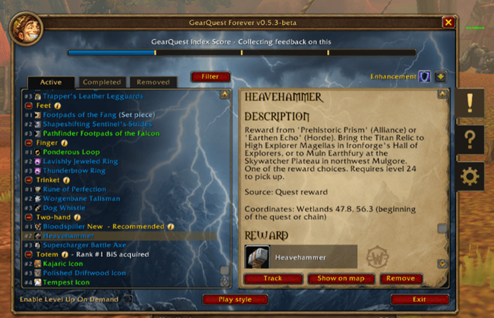 Interfaz de la extensión GearQuest Forever v0.5.3-beta en World of Warcraft con detalles de misiones y recompensas.