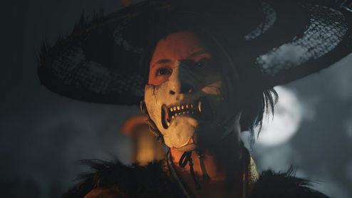 Primer plano de Atsu con máscara menpo y sombrero tradicional en Ghost of Yotei.
