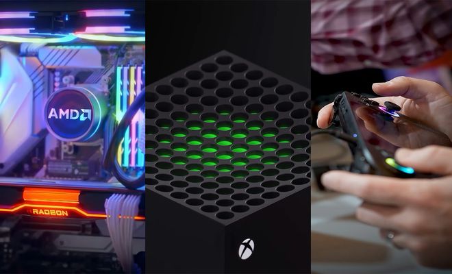 Composición que muestra un ordenador con componentes AMD y Radeon, la rejilla superior de una Xbox Series X y una persona sosteniendo una consola portátil.