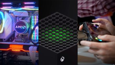 Composición que muestra un ordenador con componentes AMD y Radeon, la rejilla superior de una Xbox Series X y una persona sosteniendo una consola portátil.