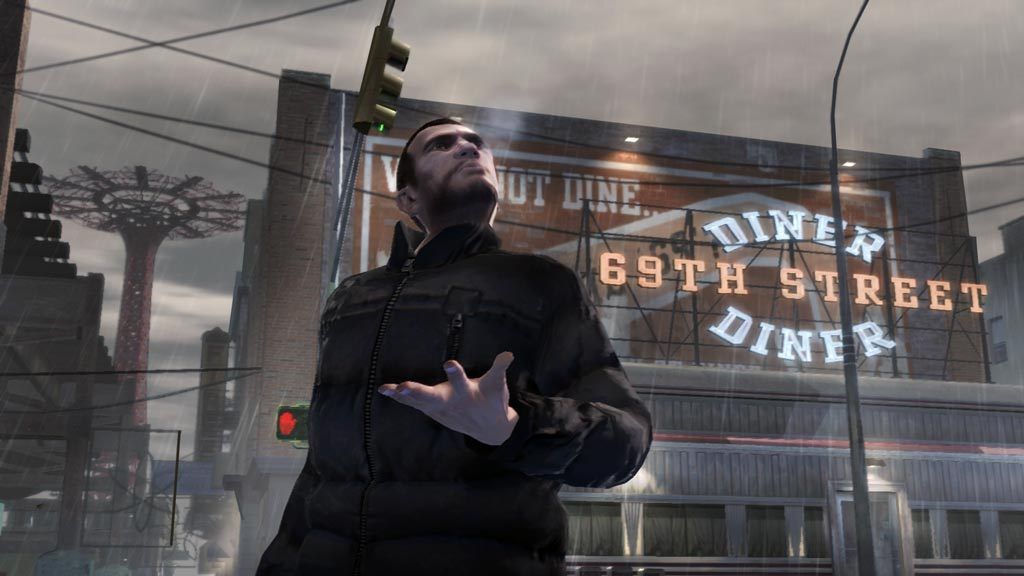 Niko Bellic frente al 69th Street Diner en Liberty City.