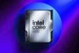 Procesador Intel Core Ultra sobre un fondo circular azul con iluminación ambiental en tonos violetas.