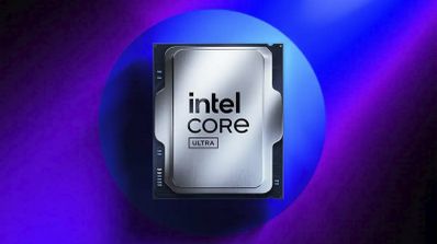 Procesador Intel Core Ultra sobre un fondo circular azul con iluminación ambiental en tonos violetas.