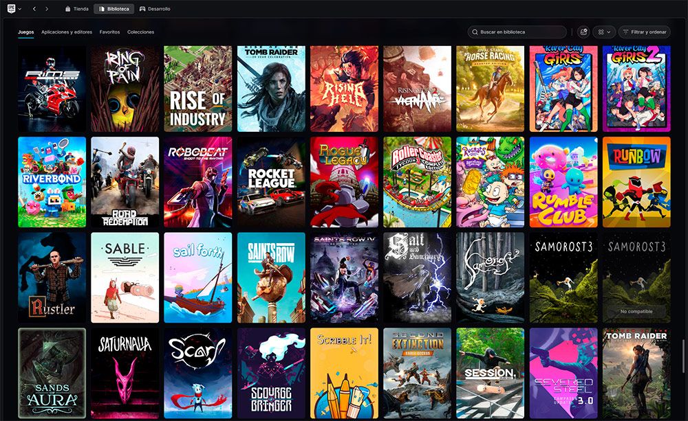 Cuadrícula de títulos de videojuegos en la biblioteca de Epic Games Store para PC.