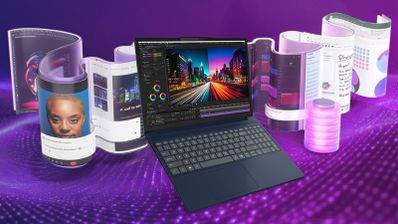 Portátil Lenovo IdeaPad Slim 3 ejecutando un programa de edición de vídeo sobre un fondo con elementos gráficos dinámicos.