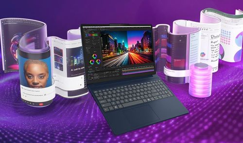 Portátil Lenovo IdeaPad Slim 3 ejecutando un programa de edición de vídeo sobre un fondo con elementos gráficos dinámicos.