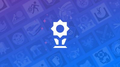 Icono blanco de un trofeo sobre un fondo azul con cuadrícula de iconos de logros de videojuegos.