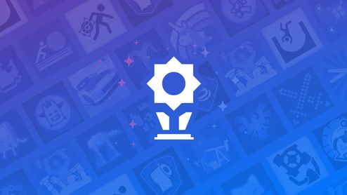 Icono blanco de un trofeo sobre un fondo azul con cuadrícula de iconos de logros de videojuegos.
