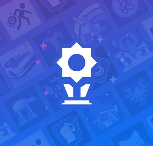 Icono blanco de un trofeo sobre un fondo azul con cuadrícula de iconos de logros de videojuegos.