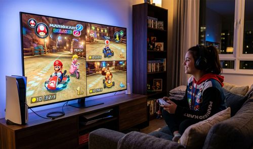 Una persona juega a Mario Kart 8 Deluxe en pantalla dividida sentada frente a un televisor con una consola PS5 al lado.