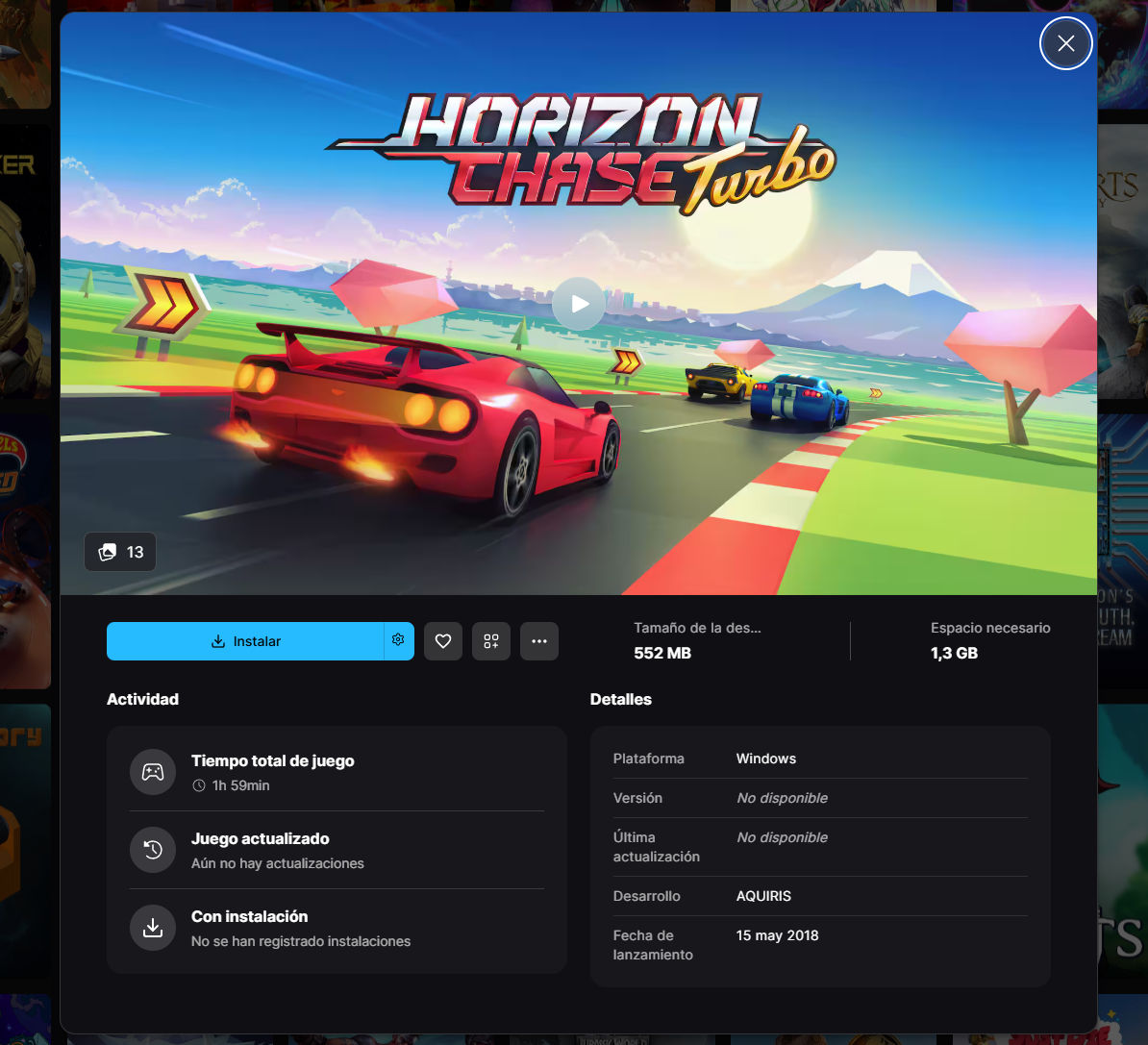 Ficha del videojuego Horizon Chase Turbo en la interfaz de Epic Games Store mostrando opciones de instalación y estadísticas de juego.