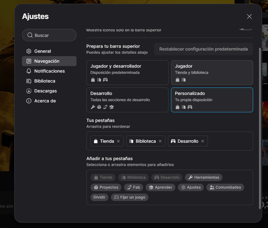Panel de ajustes de navegación en la interfaz de Epic Games Store con opciones para personalizar la barra superior y pestañas.
