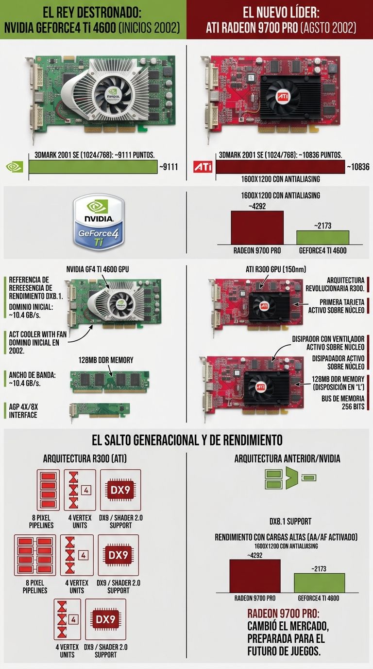 Infografía comparativa de especificaciones y rendimiento entre las tarjetas gráficas NVIDIA GeForce 4 Ti 4600 y ATI Radeon 9700 Pro.