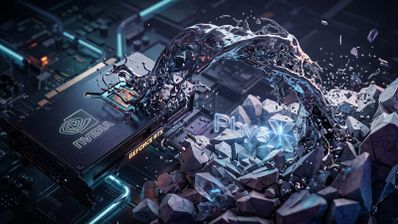 Representación conceptual de una tarjeta gráfica NVIDIA GeForce RTX procesando físicas de partículas y fluidos sobre una placa base.