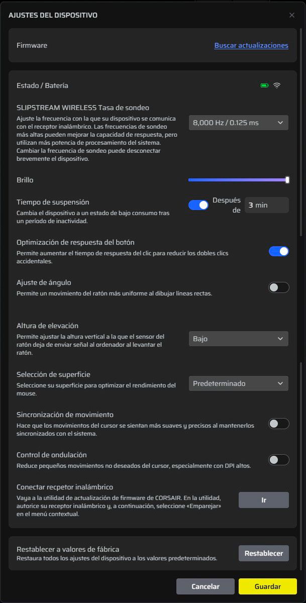 Panel de ajustes del dispositivo Corsair Sabre V3 Pro en el software de configuración con opciones de polling rate y altura de elevación.