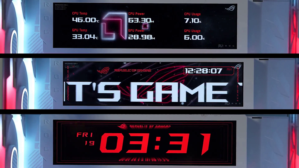Tres ejemplos de configuración en la pantalla integrada de la caja ASUS ROG Chronos ARGB mostrando telemetría, textos y la hora.