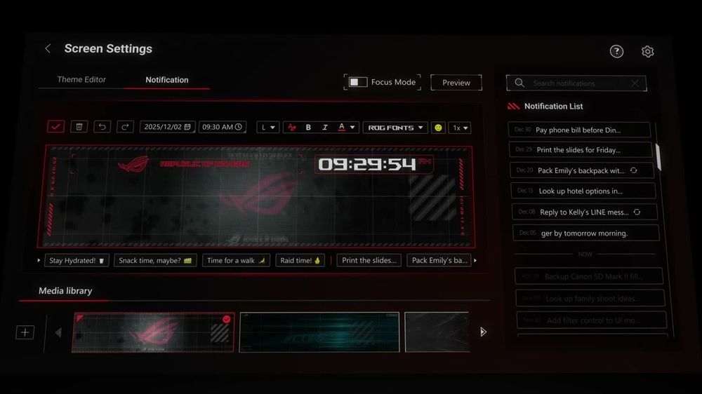 Interfaz de configuración de pantalla Screen Settings del ecosistema ASUS ROG con previsualización de notificaciones y reloj digital.