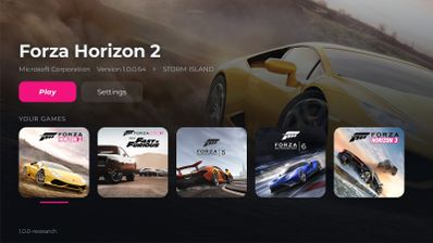 Interfaz de la aplicación Azimuth mostrando la biblioteca de juegos de Forza Horizon con botones de inicio y configuración.
