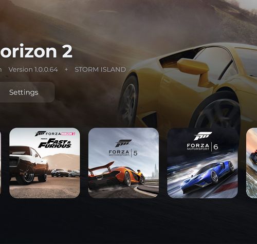 Interfaz de la aplicación Azimuth mostrando la biblioteca de juegos de Forza Horizon con botones de inicio y configuración.