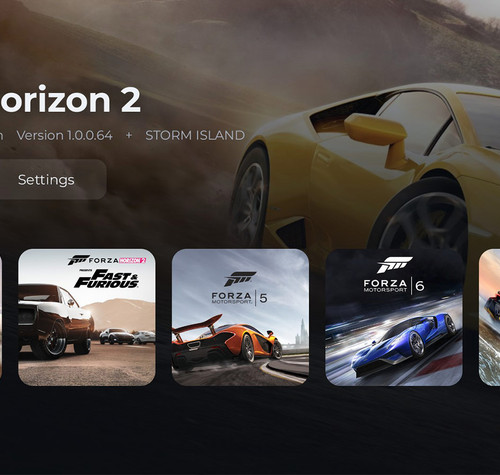 Interfaz de la aplicación Azimuth mostrando la biblioteca de juegos de Forza Horizon con botones de inicio y configuración.