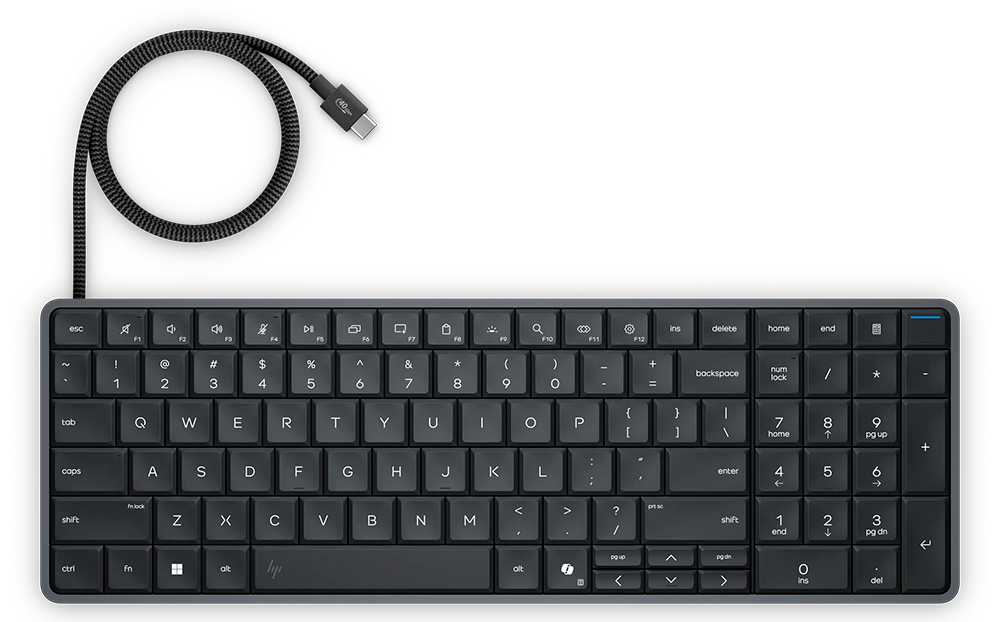 Vista superior del teclado pc-eliteboard-g2a-2 con cable USB-C sobre fondo negro.