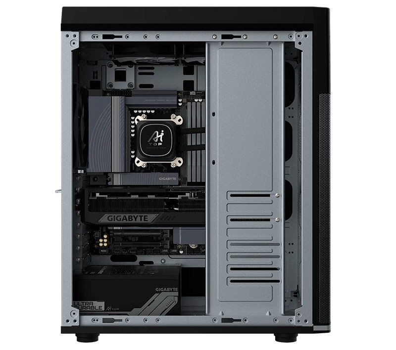 Interior de una torre de ordenador con componentes GIGABYTE y refrigeración líquida instalada.