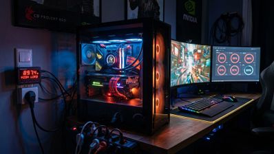 Ordenador de sobremesa con iluminación RGB junto a un medidor de consumo eléctrico en la pared.