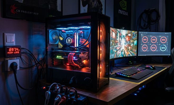 Ordenador de sobremesa con iluminación RGB junto a un medidor de consumo eléctrico en la pared.