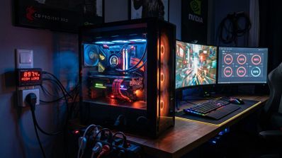 Ordenador de sobremesa con iluminación RGB junto a un medidor de consumo eléctrico en la pared.