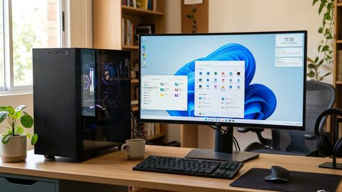 Ordenador de sobremesa con torre negra y monitor mostrando la interfaz de Windows 11 en un escritorio de madera.