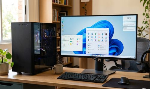Ordenador de sobremesa con torre negra y monitor mostrando la interfaz de Windows 11 en un escritorio de madera.