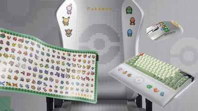 Silla, teclado, ratón y alfombrilla para ordenador con temática oficial de Pokémon en tonos blancos y verdes.