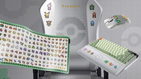Silla, teclado, ratón y alfombrilla para ordenador con temática oficial de Pokémon en tonos blancos y verdes.