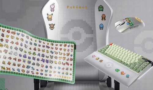 Silla, teclado, ratón y alfombrilla para ordenador con temática oficial de Pokémon en tonos blancos y verdes.