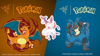 Ilustraciones de los personajes Charizard, Sylveon y Lucario junto a los logotipos de Razer y Pokémon.
