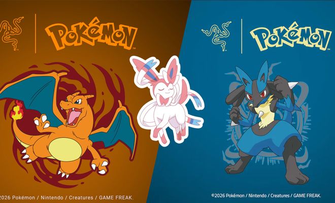 Ilustraciones de los personajes Charizard, Sylveon y Lucario junto a los logotipos de Razer y Pokémon.