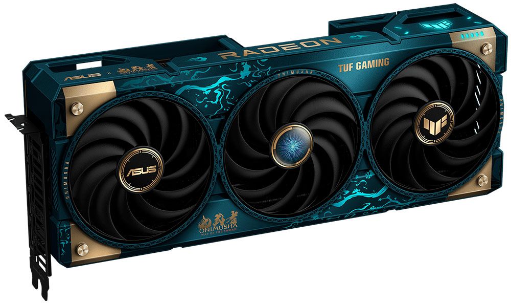 Tarjeta gráfica ASUS AMD Radeon RX 9700 XT edición Onimusha con sistema de tres ventiladores y cubierta decorada en azul.