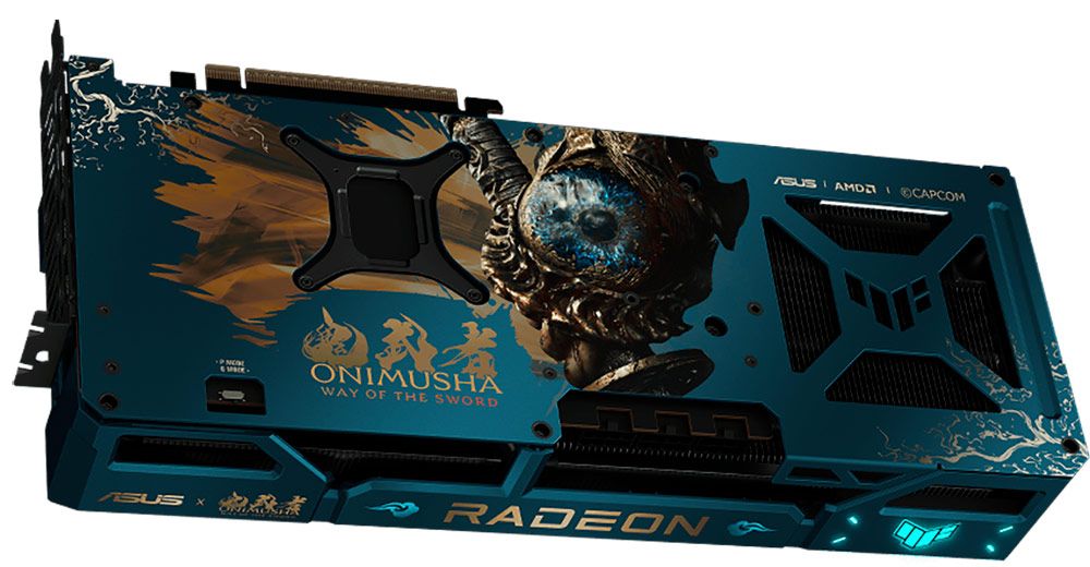 Placa trasera personalizada de una tarjeta gráfica ASUS AMD Radeon con temática de Onimusha en tonos azules.