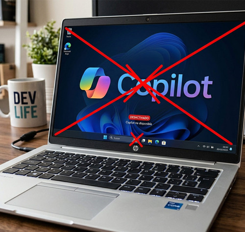 Ordenador portátil con el logotipo de Copilot en pantalla tachado por una gran cruz roja.