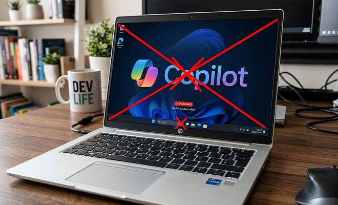 Ordenador portátil con el logotipo de Copilot en pantalla tachado por una gran cruz roja.