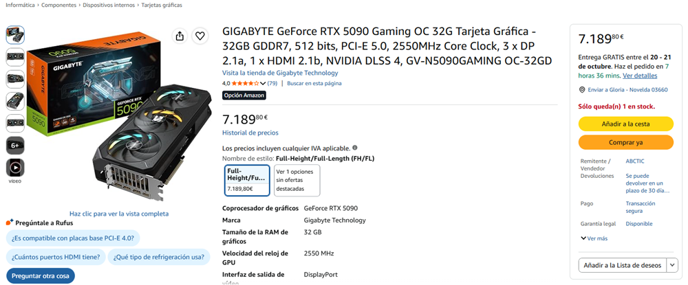 Captura de pantalla de una tienda online con el precio y especificaciones técnicas de la tarjeta gráfica GIGABYTE GeForce RTX 5090 Gaming OC 32G.