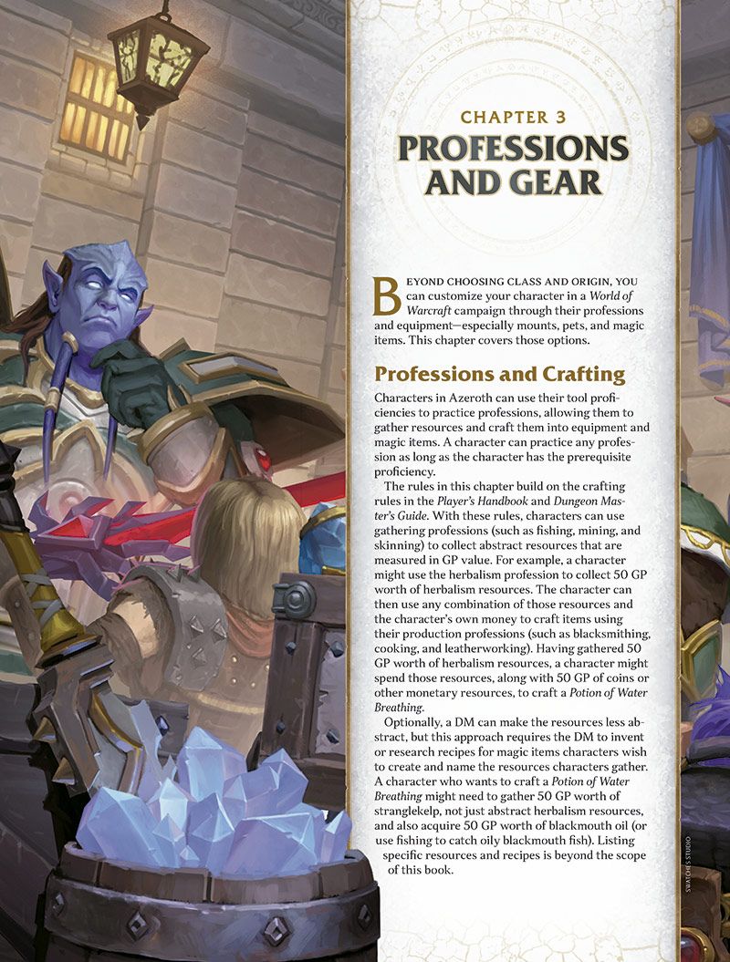 Página de un manual de reglas sobre profesiones y equipo en una ambientación de fantasía inspirada en World of Warcraft.